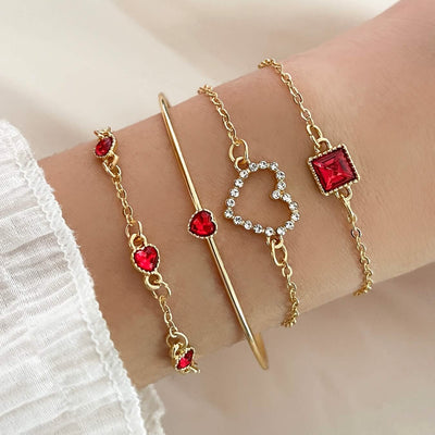 4pcs Rhinestone Alloy Bracelet Set – Minimalist Heart & Square Design